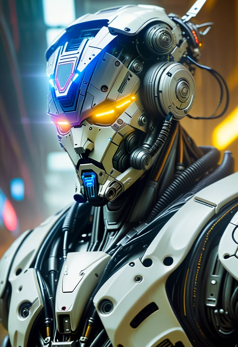 Close-up of a (((Cybernetic man))) adorned with robotiec elements, blending seamlessly into a cyberpunk environment, (mysterious) and (brutal) ambiance, (masterpiece) of lifelive art, mechanized military helmet detail