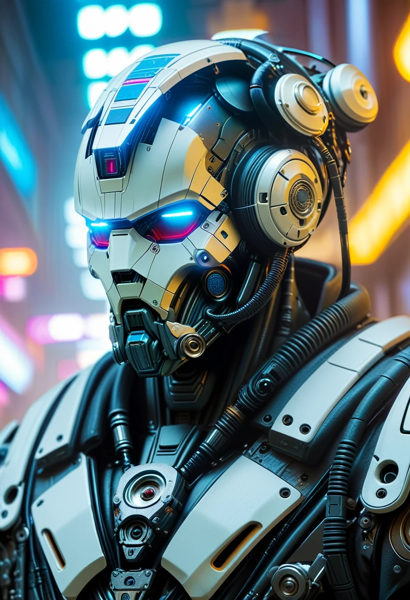Close-up of a (((Cybernetic man))) adorned with robotiec elements, blending seamlessly into a cyberpunk environment, (mysterious) and (brutal) ambiance, (masterpiece) of lifelive art, mechanized military helmet detail