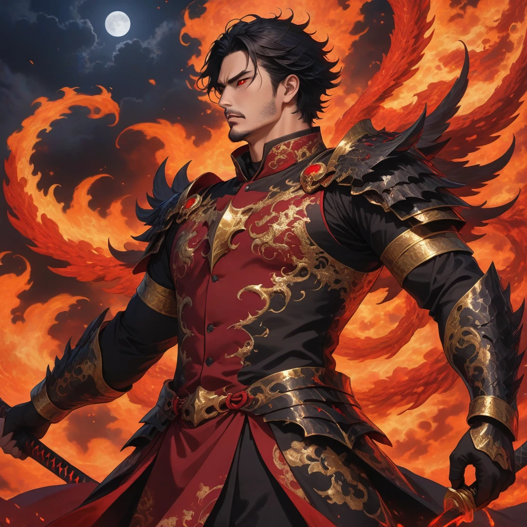 A DILF Archdevil. He have shoulder-length tousled raven black hair, dark red eyes, athletic, Broad-shouldered build, lightly-tanned skin, thick stubbles on his chin, demonic Black Emperor Armor over burgundy Single-breasted tunic, with gold filigree, and a demonic, dragonic wings, and gold bands over his upper arms, wrists, and calves. He float in the night sky with a cold, calculating face, his form intersected with a menacing red energy, holding a black sword that is lit in black flames., male solo, man, sharp jaw, broad shoulders,
