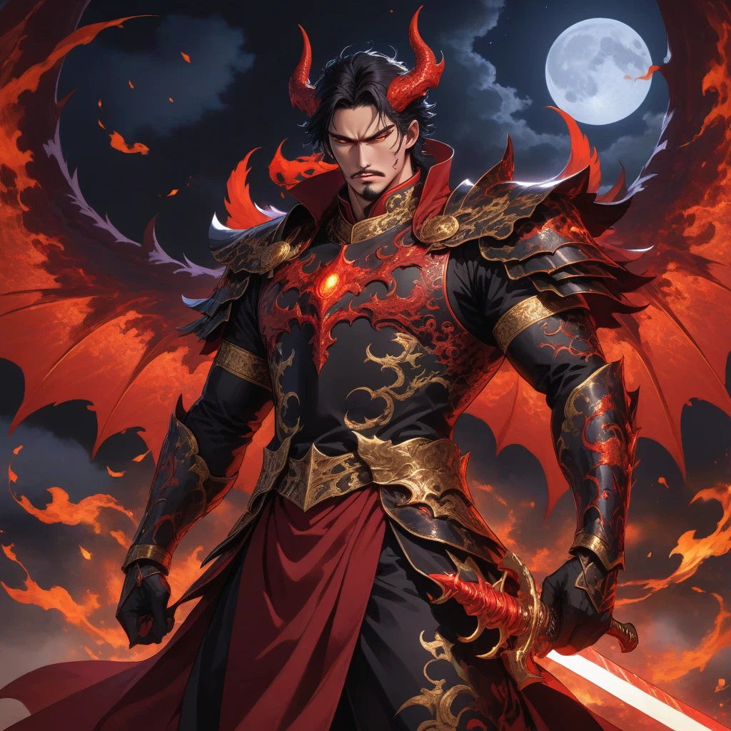 A DILF Archdevil. He have shoulder-length tousled raven black hair, dark red eyes, athletic, Broad-shouldered build, lightly-tanned skin, thick stubbles on his chin, demonic Black Emperor Armor over burgundy Single-breasted tunic, with gold filigree, and a demonic, dragonic wings, and gold bands over his upper arms, wrists, and calves. He float in the night sky with a cold, calculating face, his form intersected with a menacing red energy, holding a black sword that is lit in black flames., male solo, man, sharp jaw, broad shoulders,