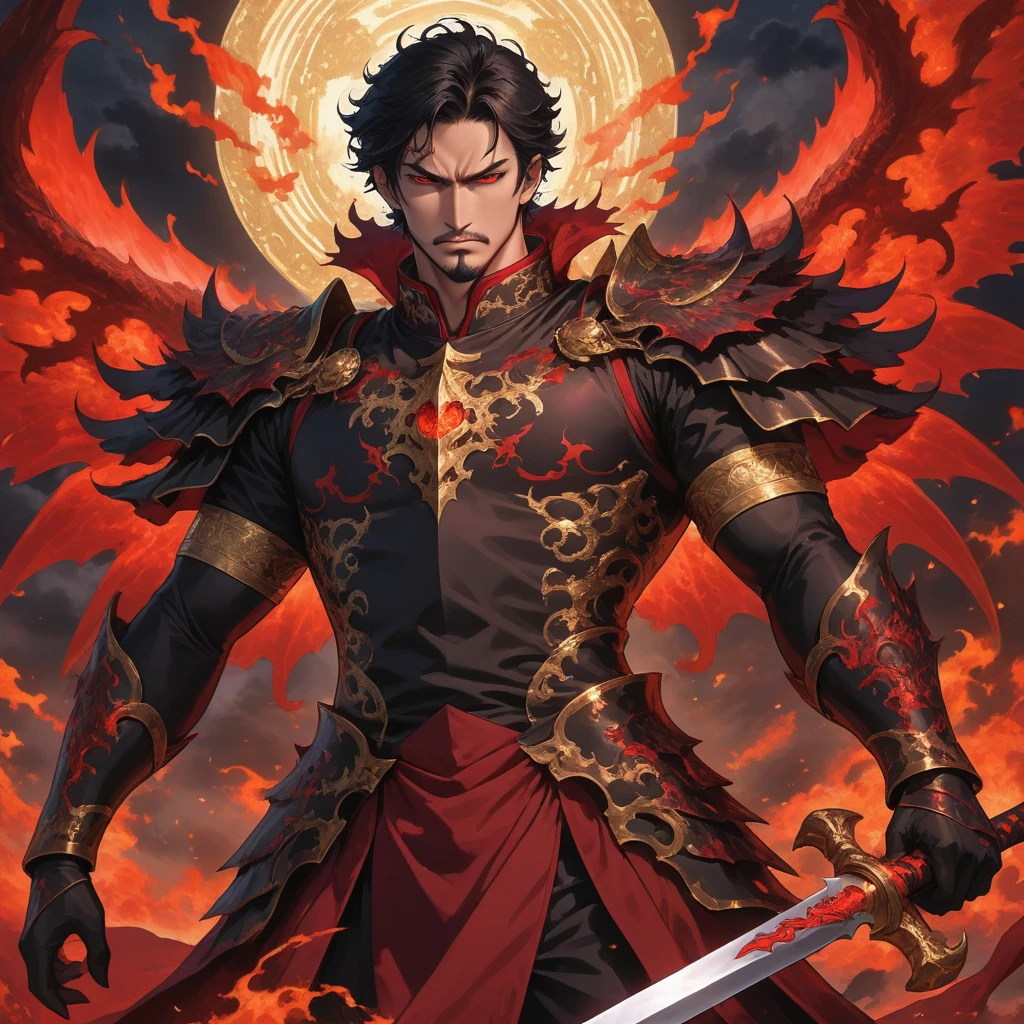 A DILF Archdevil. He have shoulder-length tousled raven black hair, dark red eyes, athletic, Broad-shouldered build, lightly-tanned skin, thick stubbles on his chin, demonic Black Emperor Armor over burgundy Single-breasted tunic, with gold filigree, and a demonic, dragonic wings, and gold bands over his upper arms, wrists, and calves. He float in the night sky with a cold, calculating face, his form intersected with a menacing red energy, holding a black sword that is lit in black flames., male solo, man, sharp jaw, broad shoulders,