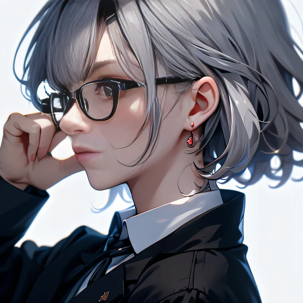 Number 10 (die), 1 person, Age 35,(Black Mane), Man wearing glasses, Close-up face, Profile picture,Dress is formal and modest, Black jacket,White shirt, Professional look,Gray Hair, Silver, Tired look,