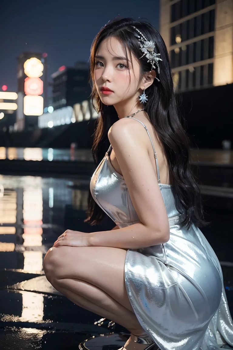 1girl, st. louis (luxurious wheels) (azur lane), hair ornament, portrait, silver dress, revealing clothes, necklace, blue nails, cityscape, night, rain, wet, (masterpiece:1.4),(best quality:1.4),realistic,fashi-girl,makeup,red lips,looking at viewer, solo,earrings,8k,best quality, masterpiece, purple eyes,beautiful light,background is a supercar,