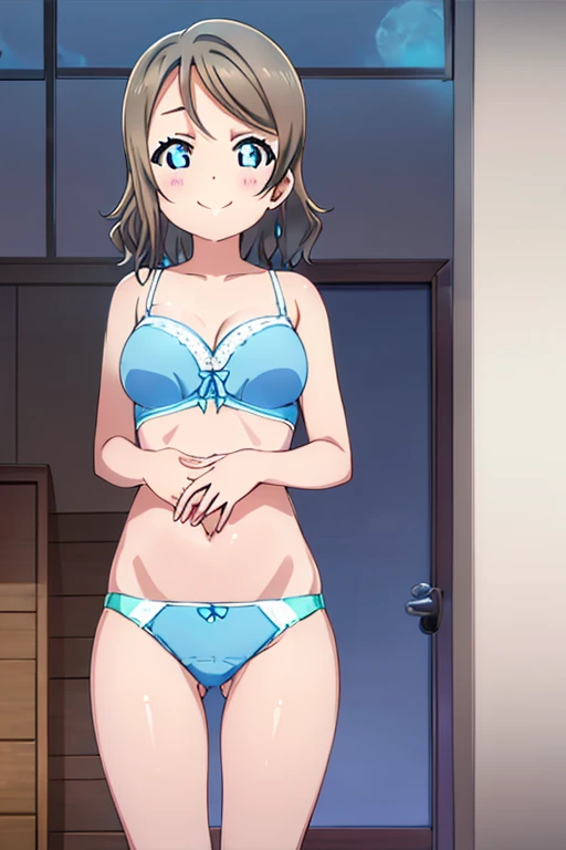 (((Pixel Perfect、Perfect in every detail))), alone、One Girl、watanabe, Uranohoshi, Bedroom、Watch Viewers、smile、sex appeal、Light blue bra、Light blue panties、Big Breasts、night、whole body
