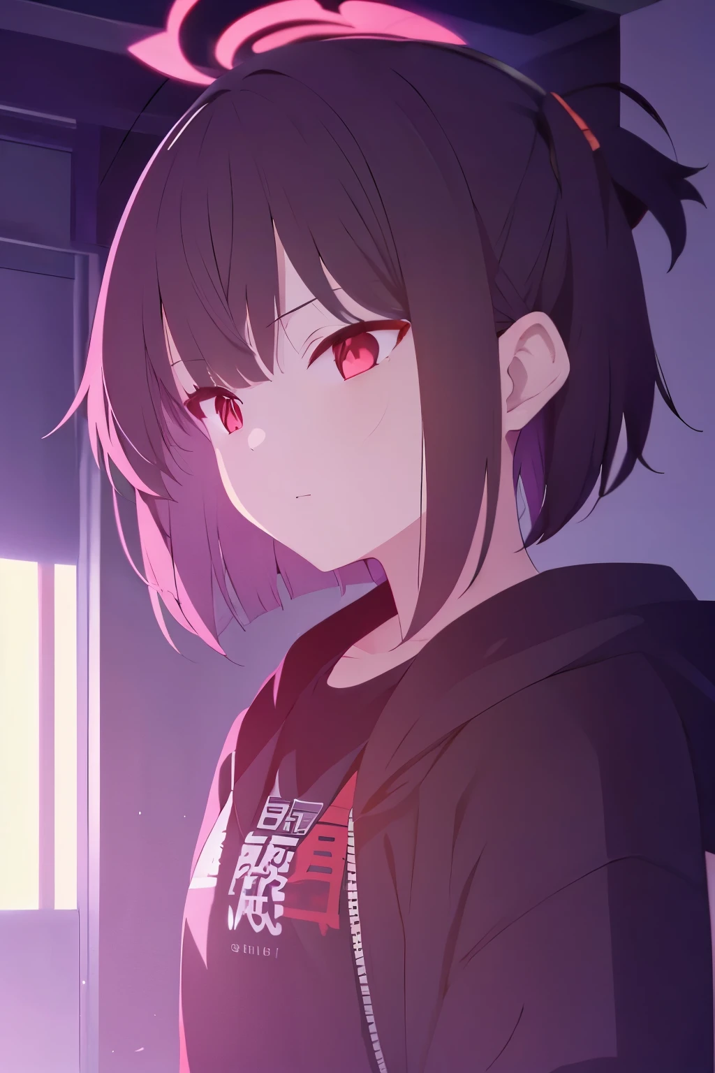 high resolution, solo,short hair, shill, black hair, messy hair, ahoge,cowlick,red eyes,  Masterpiece,
 black t-shirt, teen, Ahoge, black jacket,Highly detailed, 1 girl, Hooded, 