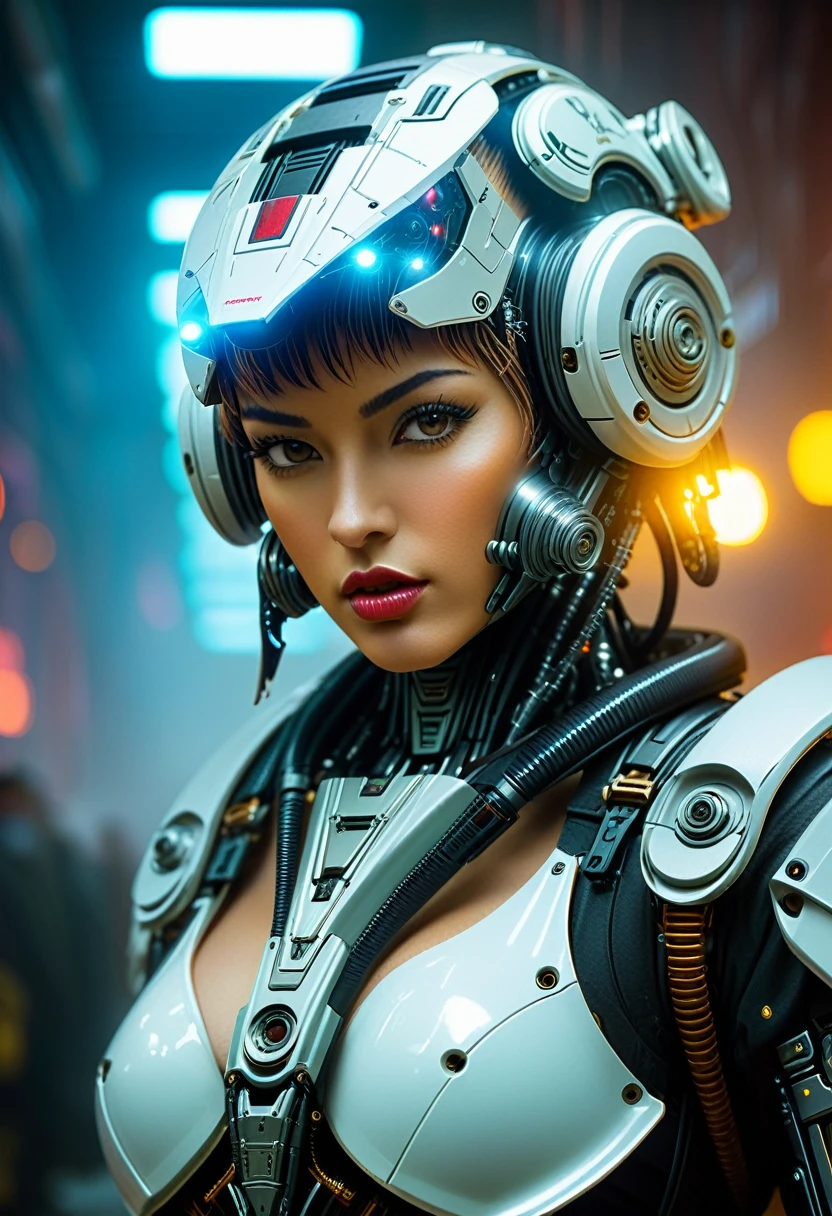 Close-up of a (((Cybernetic model woman))) adorned with robotiec elements, blending seamlessly into a cyberpunk environment, (mysterious) and (brutal) ambiance, (masterpiece) of lifelive art, mechanized military helmet detail