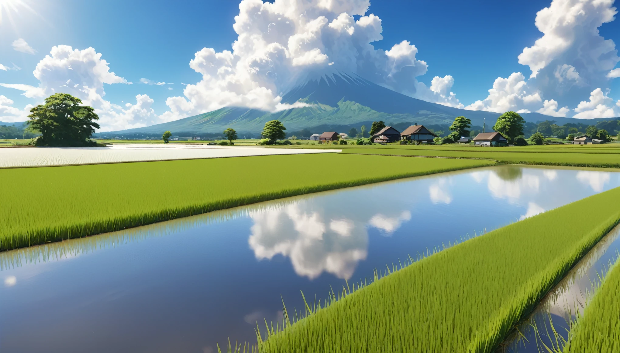 Japanese countryside,Rice Field,Midsummer,cumulonimbus,sunny,Daytime,Highest quality, 8k, High resolution, masterpiece:1.2, Very detailed, Realistic:1.37, High resolution, 超High resolution, Very detailed, Professional, Vibrant colors