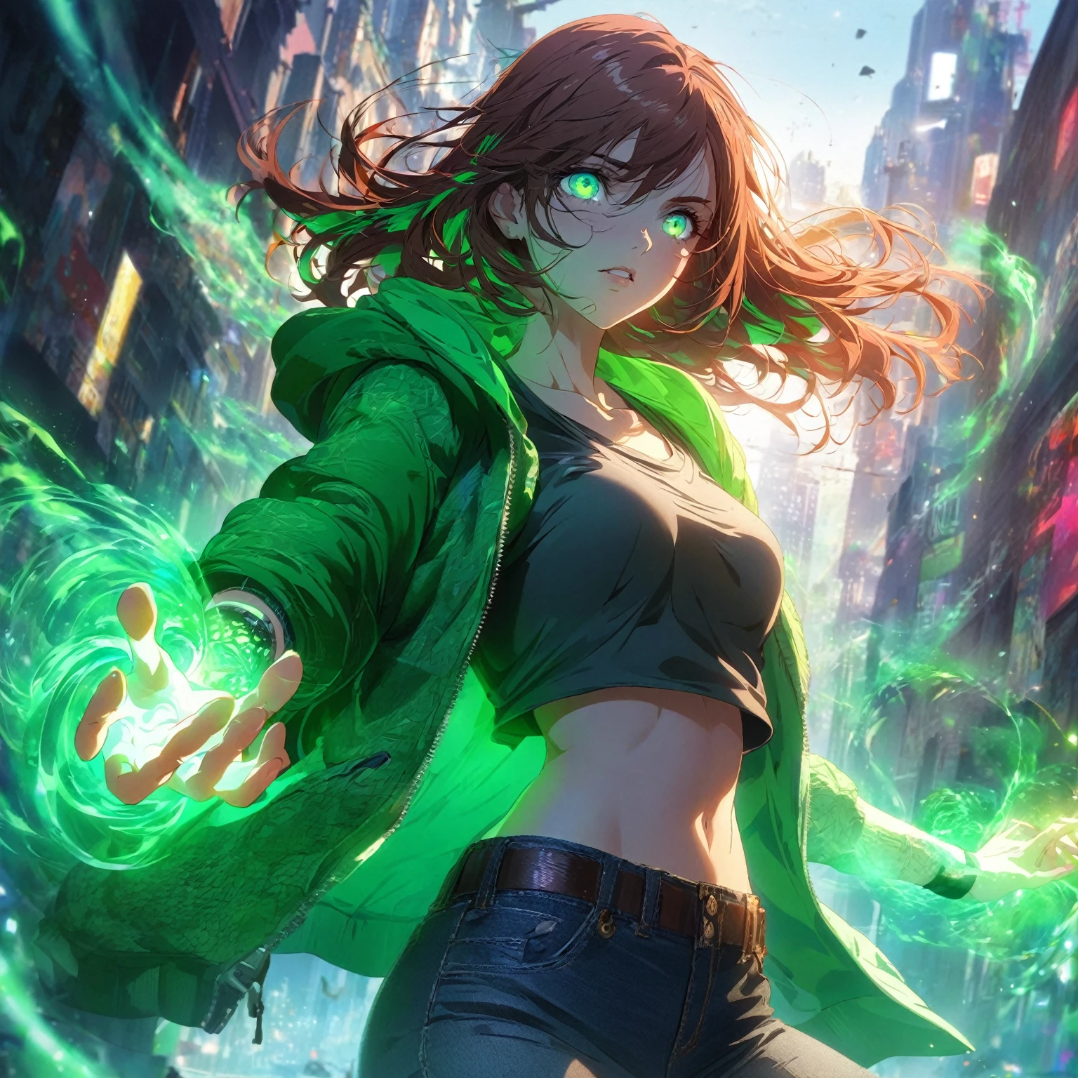 A girl that has a lean, athletic build, vibrant green eyes, and shoulder-length auburn hair, she wears a casual outfit consisting of a fitted green hoodie with subtle energy patterns, (nude:0.8) dark jeans, and sneakers, her skin has a slight luminescent quality when using her powers, her hands are often surrounded by a visible, swirling green energy, and she carries a small, tech-enhanced wristband that amplifies her abilities, detailed gorgeous face| anime style| key visual| intricate detail| highly detailed| breathtaking| vibrant| panoramic| cinematic| Carne Griffiths| Conrad Roset| gibbli 8k