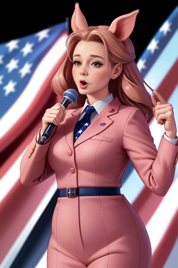 average looking anthropomorphic pig woman president of the united states giving a speech, pig snout, extremely detailed pig face, dress suit, podium, american flag, studio lighting, high quality, 8k, hyper detailed