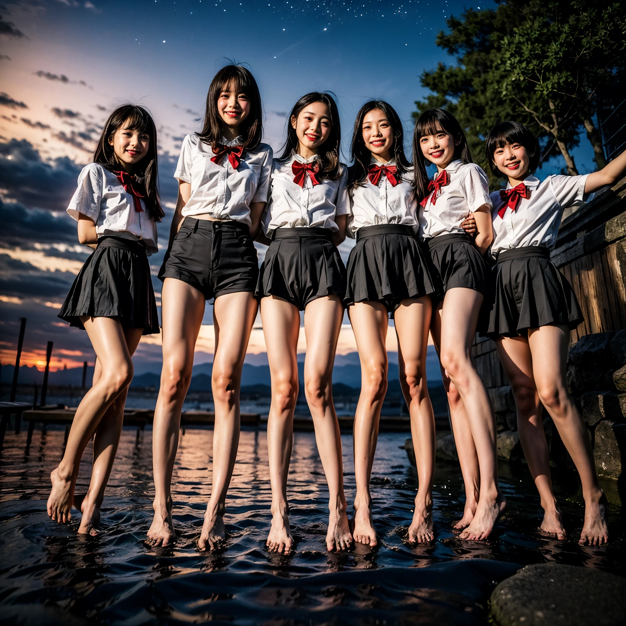 Masterpiece of ProfessionalPhoto ((ExtremelyDetailed (12 PICHIPICHI KAWAII Girls Floating in The Air in a row:1.37) in WHITE at Dusk Enoshima Beach)), {(Standing Full Body:1.2)|(from below:1.2)|Detailed KAWAII face}, Different types of hair colors, {(skinny(school swimwear))|(SchoolUniform)with Skinny AthleticShorts}, {(Corrected Childish hand)|Hidden hand|Different types of breasts|(Clearly Visible the shape of Butt)}, Joyful Expressions LifeLike Rendering, Detailed clothing texture, PerfectLighting, (Dazzling Horizon Visible through ThighGap), (Starry IridescentParticles:1.22) ColorfulClouds