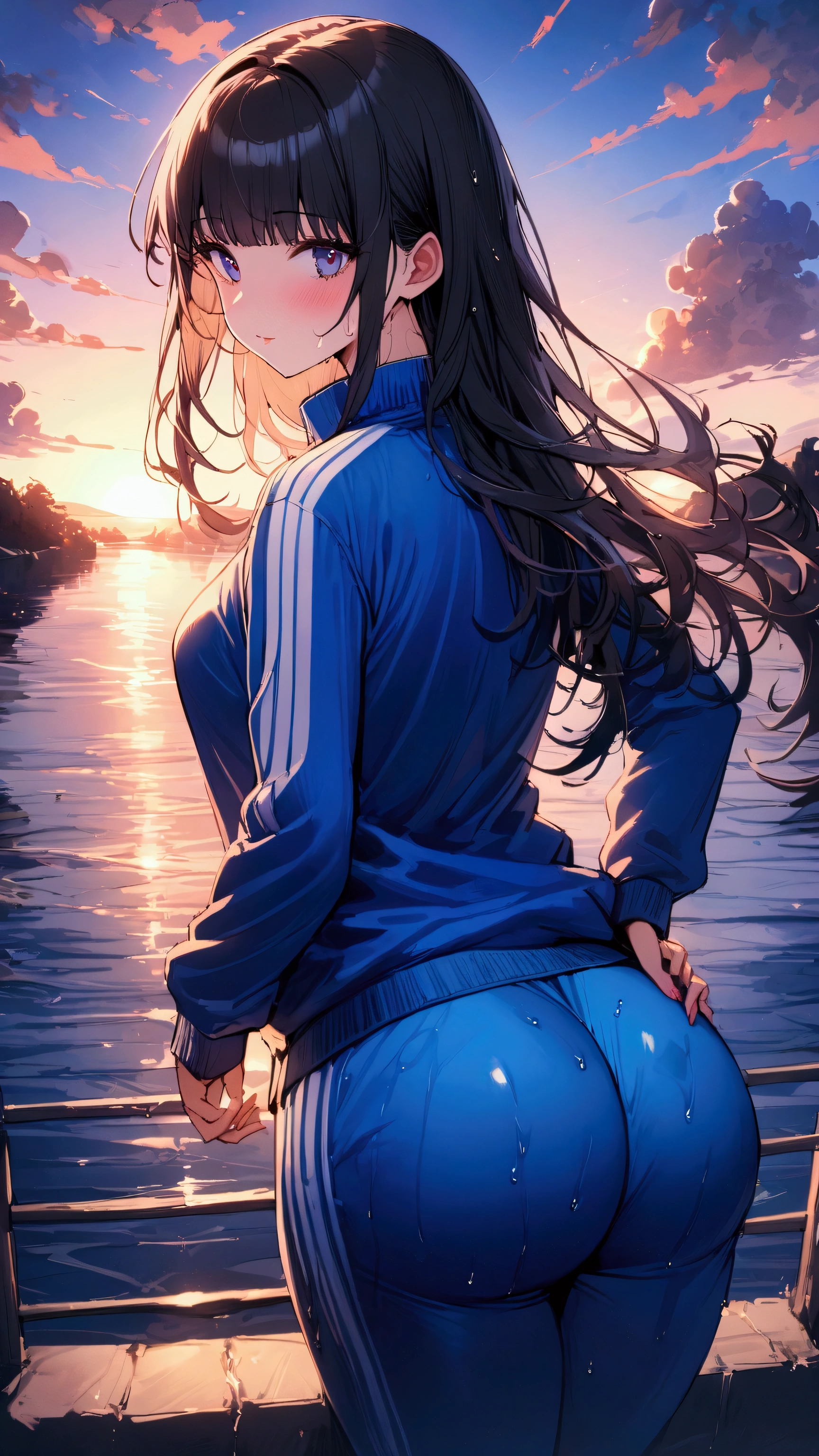 masterpiece, Highest quality, Ultra-high resolution, (beautiful girl: 1.3), Black Hair, hime_cut、Looks like a 、 (Blue sweatpants: 1.2), (The jacket is a blue track jacket.: 1.2), back view、Big and shapely ass、A waterway with a dazzling sunset、A little wet、Focus on the big, beautifully shaped butt,
