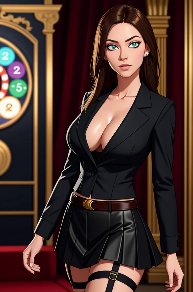 （tmasterpiece，A high resolution，best qualtiy：1.2），8k，highly  detailed，complex，rich colourful，vibrant image，Clear focus，cinematic lilond hairbl，long whitr hair，Green eyeody builder （Wear black business attire，black_Collared shirt cropped jacket，tiese，tiese，Black frilled skirt，a garter belt，Leather belt） （Large, Perfect round breasts，Hourglass body，Big breasts Thin waist，Very thin waist， photograph realistic，（hyper realisitc：1）big breasts beautiful， tmasterpiece，Best quality at best，extremelydetailedface，s the perfect face，beauitful face，Perfect lighting，Detailed eye makeup，Details of the face，Nice detail eyes，pretty hand，perfect hand，glowing light eyes（realistic pupil，Realistic iris：1）Heavy eye makeup，（empty Casino）（Posing dynamically）pantiess