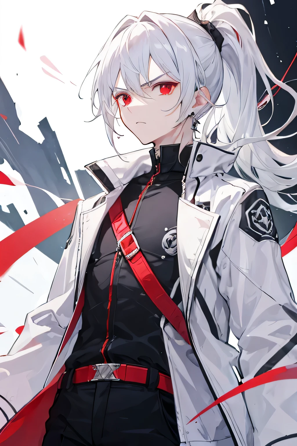 A boy with white hair in a ponytail, Sharp red eyes, White jacket, He has an earring in his left ear, Good spirit, Serious face