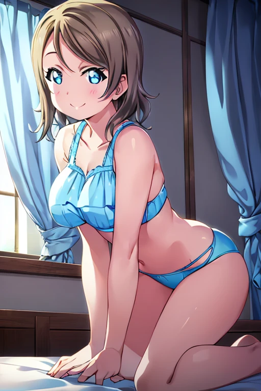 (((Pixel Perfect、Perfect in every detail))), alone、One Girl、watanabe, Uranohoshi, Bedroom、Watch Viewers、smile、sex appeal、Light blue bra、Light blue panties、Big Breasts、night、whole body、curtain