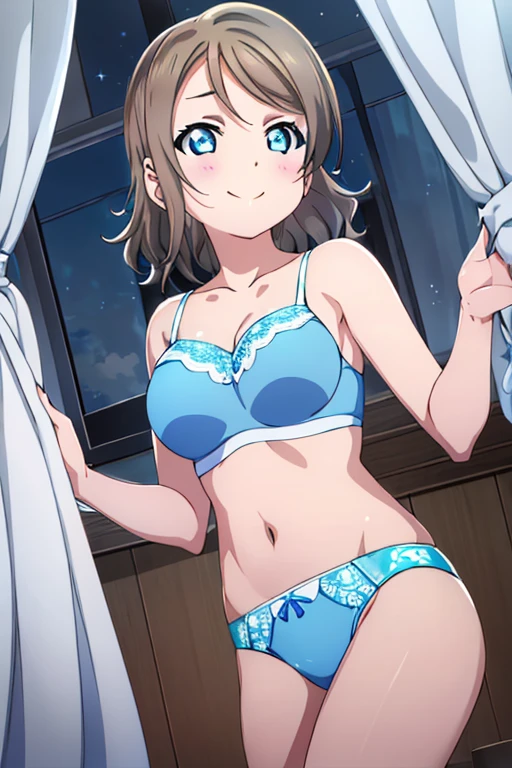 (((Pixel Perfect、Perfect in every detail))), alone、One Girl、watanabe, Uranohoshi, Bedroom、Watch Viewers、smile、sex appeal、Light blue bra、Light blue panties、Big Breasts、night、whole body、curtain