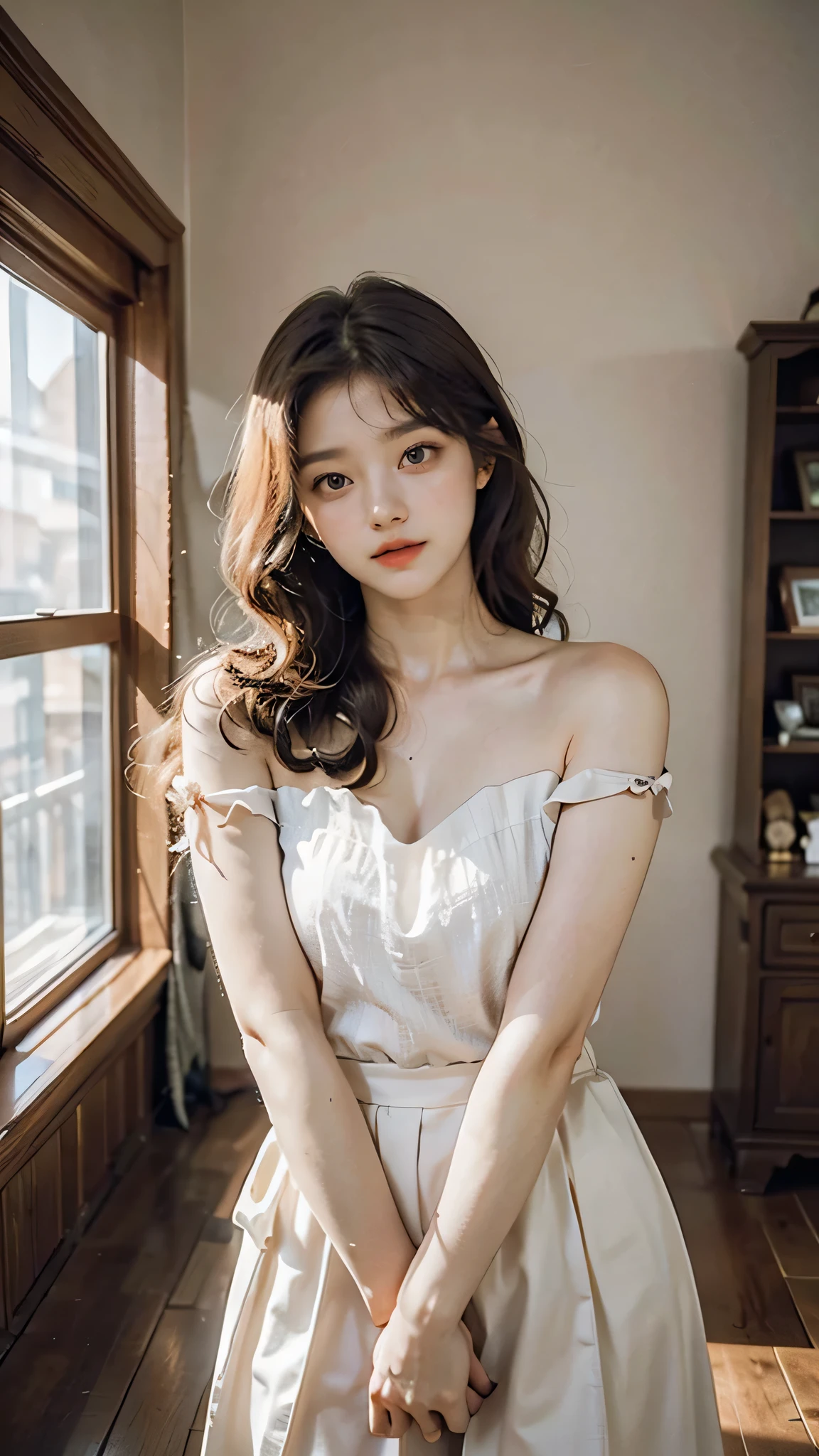 detailed background, masterpiece, best quality, 1 person , curly hair, long hair, purple eyes, star in eye , skin color Strapless blouse, long skirt, cute different poses, indoor wood furniture ,light wood color,, upper body