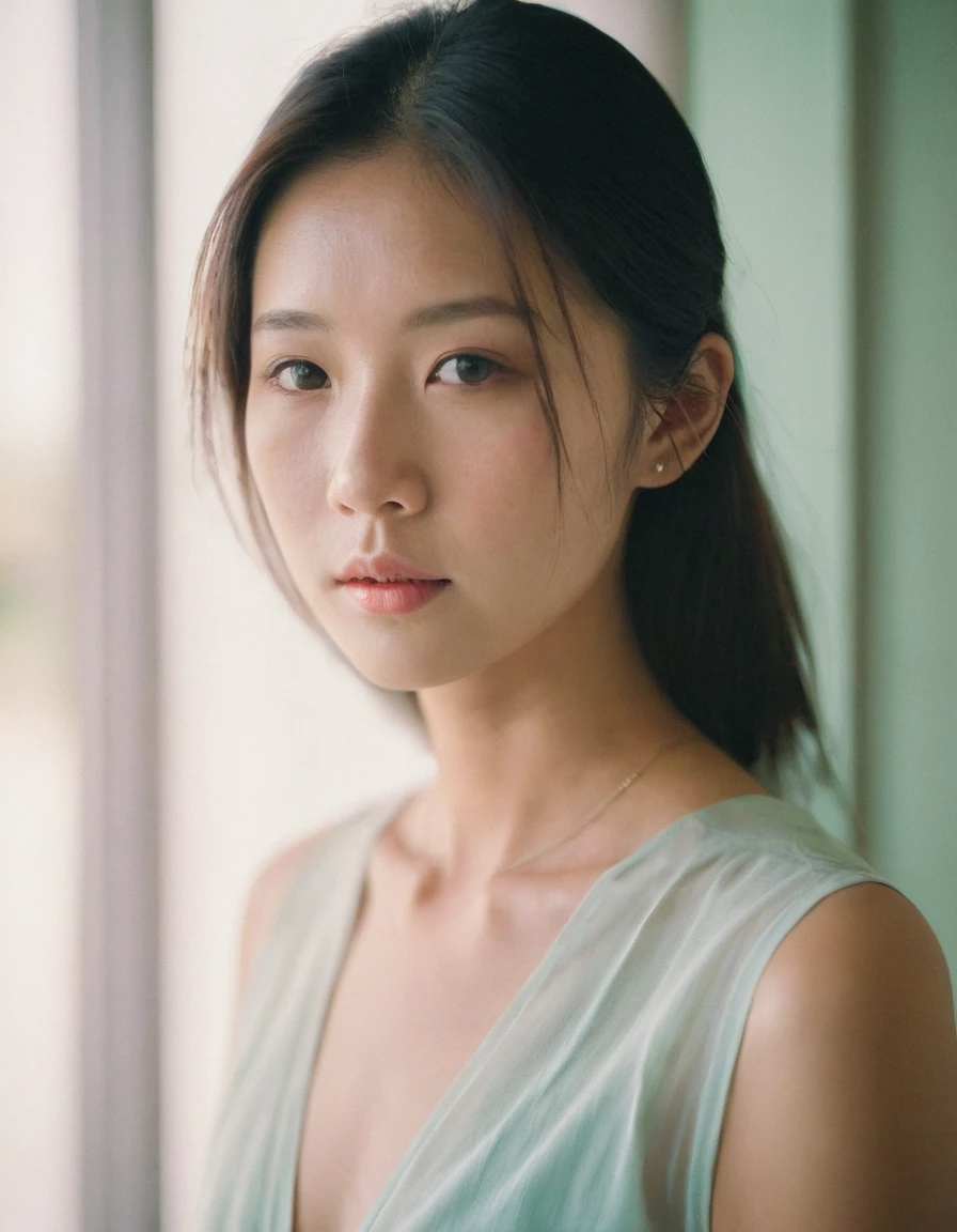 Portrait, shot on Leica, shadowplay, gorgeous lighting, subtle pastel hues,beautifyl asia female