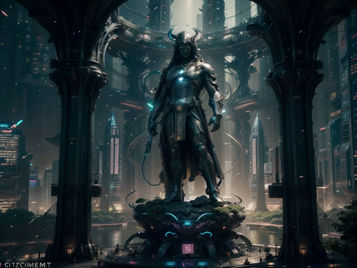 (Highest quality, Ultra HD, 16k, Masterpiece) A colossal statue of an Indian god stands majestically in the heart of a highly futuristic city, surrounded by towering high-rise buildings, flying cars, and vibrant bioluminescent lights. The statue, intricately designed with a blend of ancient and modern elements, depicts the deity in a serene and powerful pose. Neon lights and holographic projections add a surreal glow to the statue, highlighting its divine presence amidst the ultramodern environment.

The cityscape is a dazzling mix of sleek skyscrapers, each adorned with luminous advertisements and digital displays. Flying cars zip through the air, leaving trails of light behind them, creating a dynamic and bustling atmosphere. The streets below are lined with lush, exotic flowers, whose petals emit a soft, bioluminescent glow, adding a touch of nature's beauty to the urban setting.

The statue is surrounded by a lush garden oasis, a striking contrast to the metallic and glass structures that dominate the skyline. This green sanctuary is filled with diverse plant life, including bioluminescent flora that illuminates the night with a gentle, otherworldly light. The air is filled with a mix of futuristic sounds and the soft rustle of leaves, creating a harmonious blend of nature and technology.

Soft beams of light from the setting sun and the city's neon glow create a stunning interplay of colors and shadows, casting an ethereal ambiance over the scene. The overall composition captures the awe-inspiring fusion of ancient spirituality and cutting-edge innovation, evoking a sense of wonder and reverence for both the divine and the futuristic marvels of human achievement. This image portrays a breathtaking vision of a harmonious coexistence between tradition and progress in a vibrant, futuristic metropolis. ((((long shot))), (((drone shot))), (((shot from mid air))), ((((huge statue)))), (((colossal statue)))