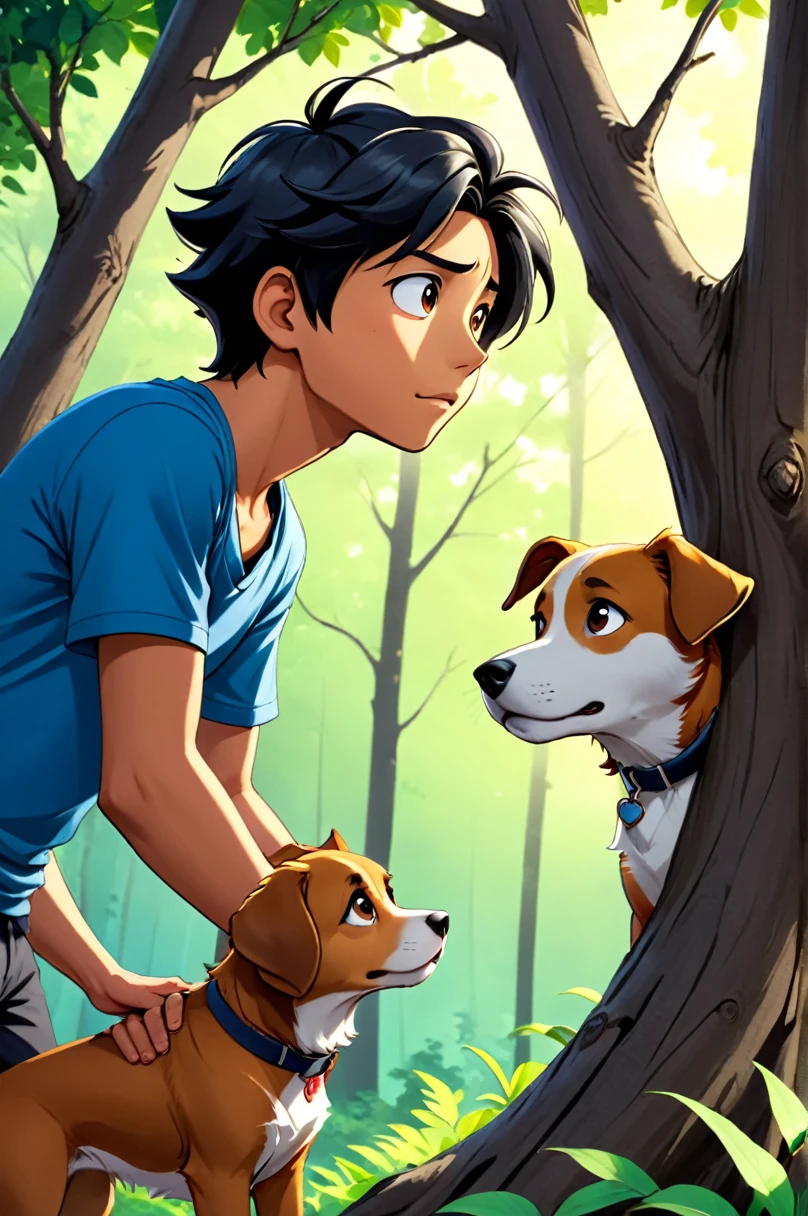 Tiny, While walking on the tree, he slips and is about to fall., yandaki bir dala tutunur. After a moment of panic, he boldly looks down and sees his friend dog, who is watching him there. (Pati) comes face to face with.