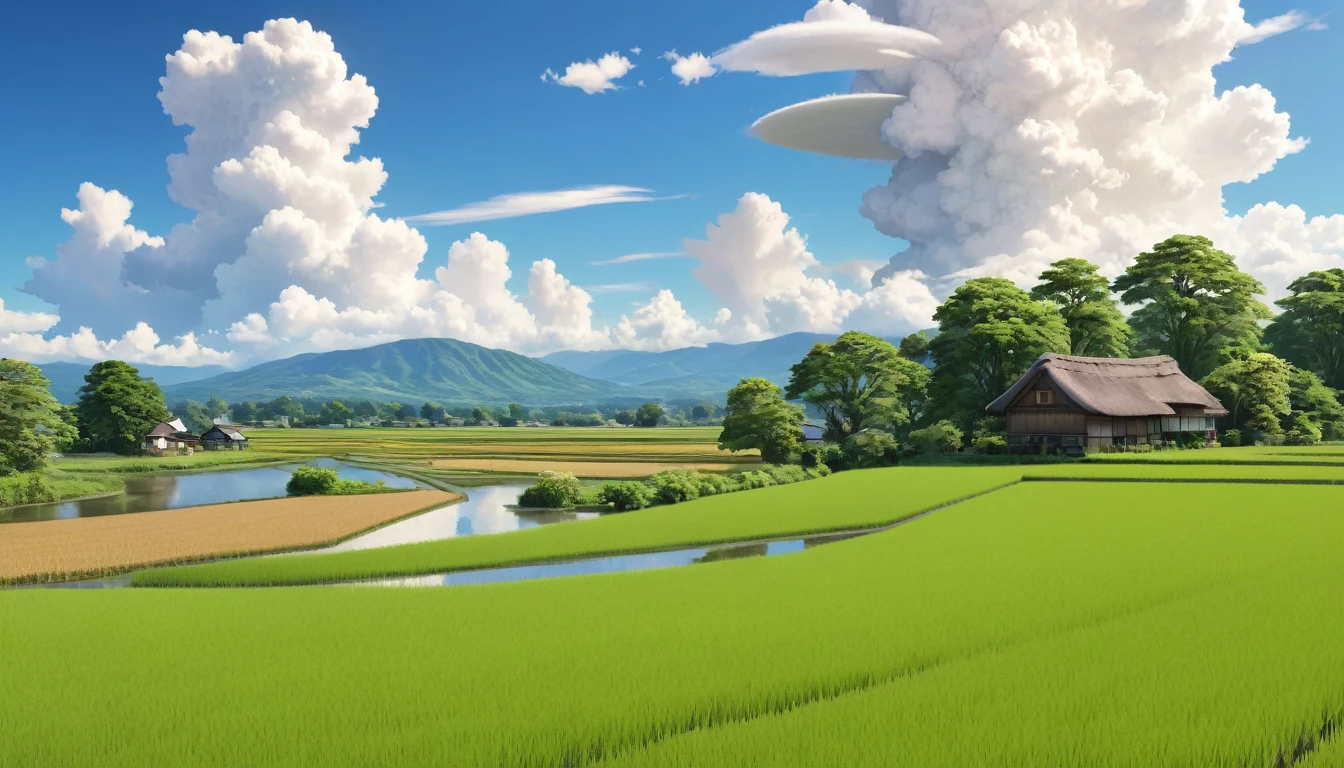Japanese countryside,Rice Field,Midsummer,cumulonimbus,sunny,Daytime,Highest quality, 8k, High resolution, masterpiece:1.2, Very detailed, Realistic:1.37, High resolution, 超High resolution, Very detailed, Professional, Vibrant colors