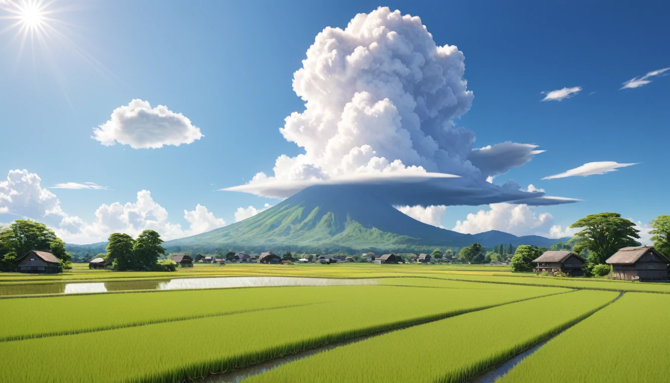 Japanese countryside,Rice Field,Midsummer,cumulonimbus,sunny,Daytime,Highest quality, 8k, High resolution, masterpiece:1.2, Very detailed, Realistic:1.37, High resolution, 超High resolution, Very detailed, Professional, Vibrant colors