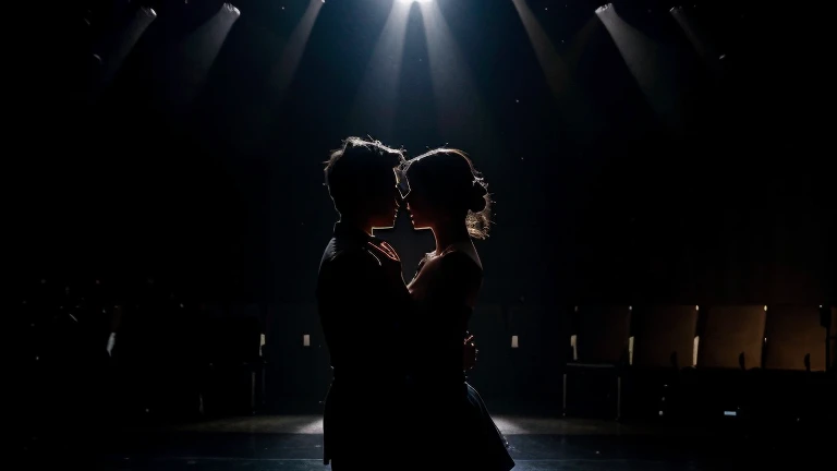 Silhouette of lovers dancing in the spotlight on the stage. No audience. Dark environment. Spotlight only.