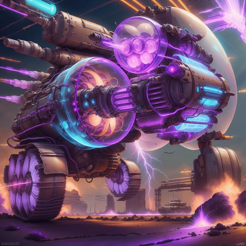 plasmatech , scifi, plasma filaments, purple hues , 
  tank,  vehicle, turrets,