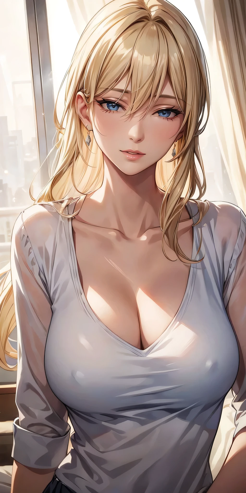 Anime Style, Elegant mature woman, blue eyes, Blonde, Soft Light, Detailed, 4K resolution, high quality