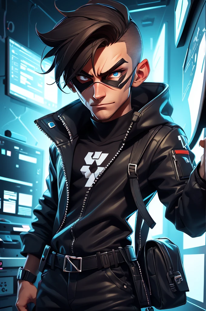 a hacker with a hacker mask in a drawing or cartoon style , a male hacker from a male