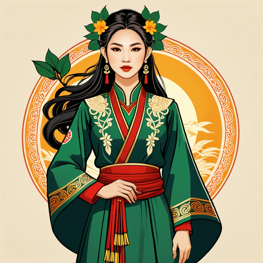 female druid in vietnamese folk outfit ,vector graphics, strong contours, logo design