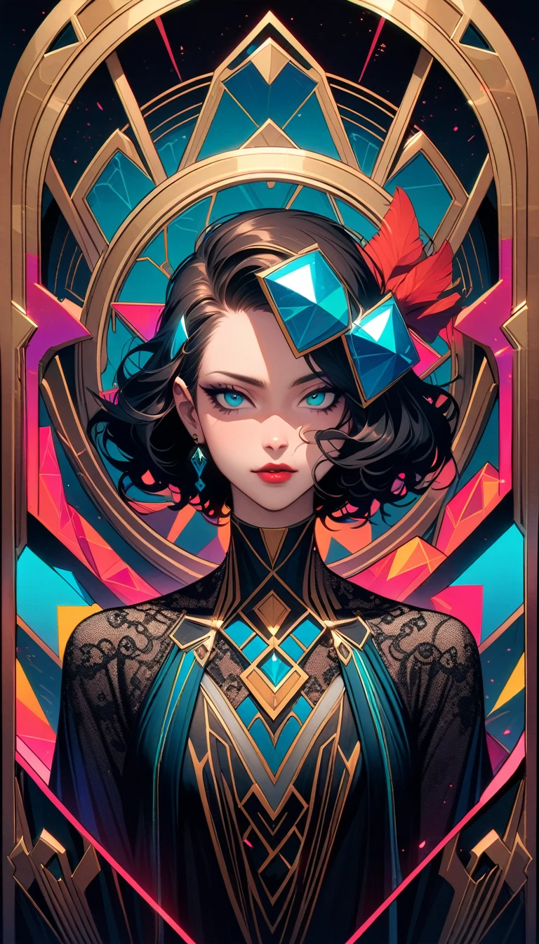 ((best quality)) , ((masterpiece)) , (detailed),Jean-Joseph Benjamin-Constant, Glowwave, Photograph, Jake Parker, Alan Davis, Hipster Art, Cleancore, Art Deco Girl, Monstrous and Boring, Swirling, Metalcore, Film Washi, portrait art by Stanisław Ignacy Witkiewicz, detailed, intricate, background inspired, luxury, pure,(((art deco style. geometric shapes, bold colors, luxurious, elegant, decorative, symmetrical, ornate, detailed)))