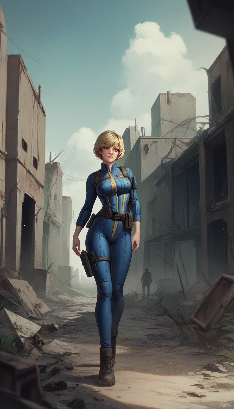 1girl, Heather Mason (Silent Hill 3), blonde hair, short hair, vault jumpsuit (fallout games), holster, standing, city ruins background, high resolution, masterpiece