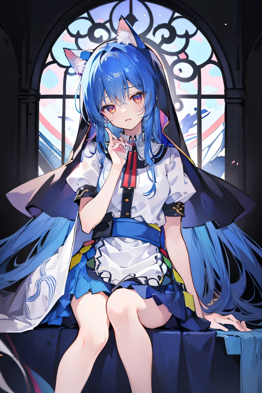 (masterpiece:1.2),Extremely detailed,Practical,expressive eyes,Fair skin,Perfect face shaping,1 Girl,
Japanese cartoons,Gorgeous blue hair, the long flowing blue hair,Floating clothes,Cat ears,Petals fall,beautiful lola,Young Angel,
Place your hands on your waist,sit elegantly on the ground,Cross your legs,Gentle and peaceful background,stately church,nun,Place your hand on your lips。