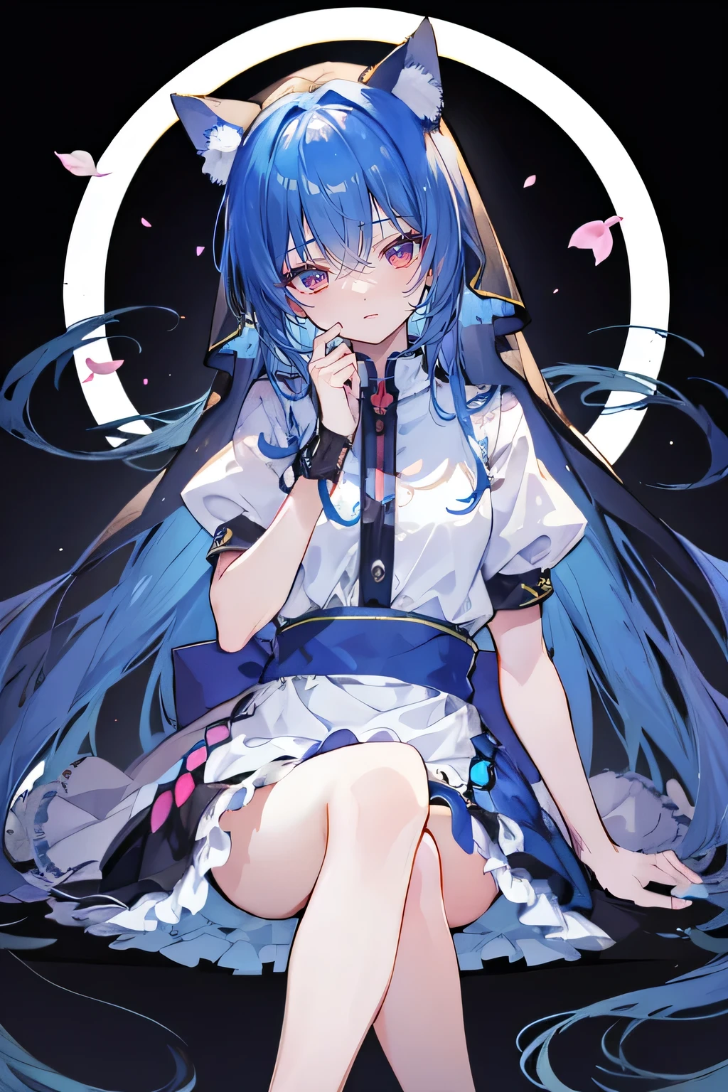 (masterpiece:1.2),Extremely detailed,Practical,expressive eyes,Fair skin,Perfect face shaping,1 Girl,
Japanese cartoons,Gorgeous blue hair, the long flowing blue hair,Floating clothes,Cat ears,Petals fall,beautiful lola,Young Angel,
Place your hands on your waist,sit elegantly on the ground,Cross your legs,Gentle and peaceful background,stately church,nun,Place your hand on your lips。