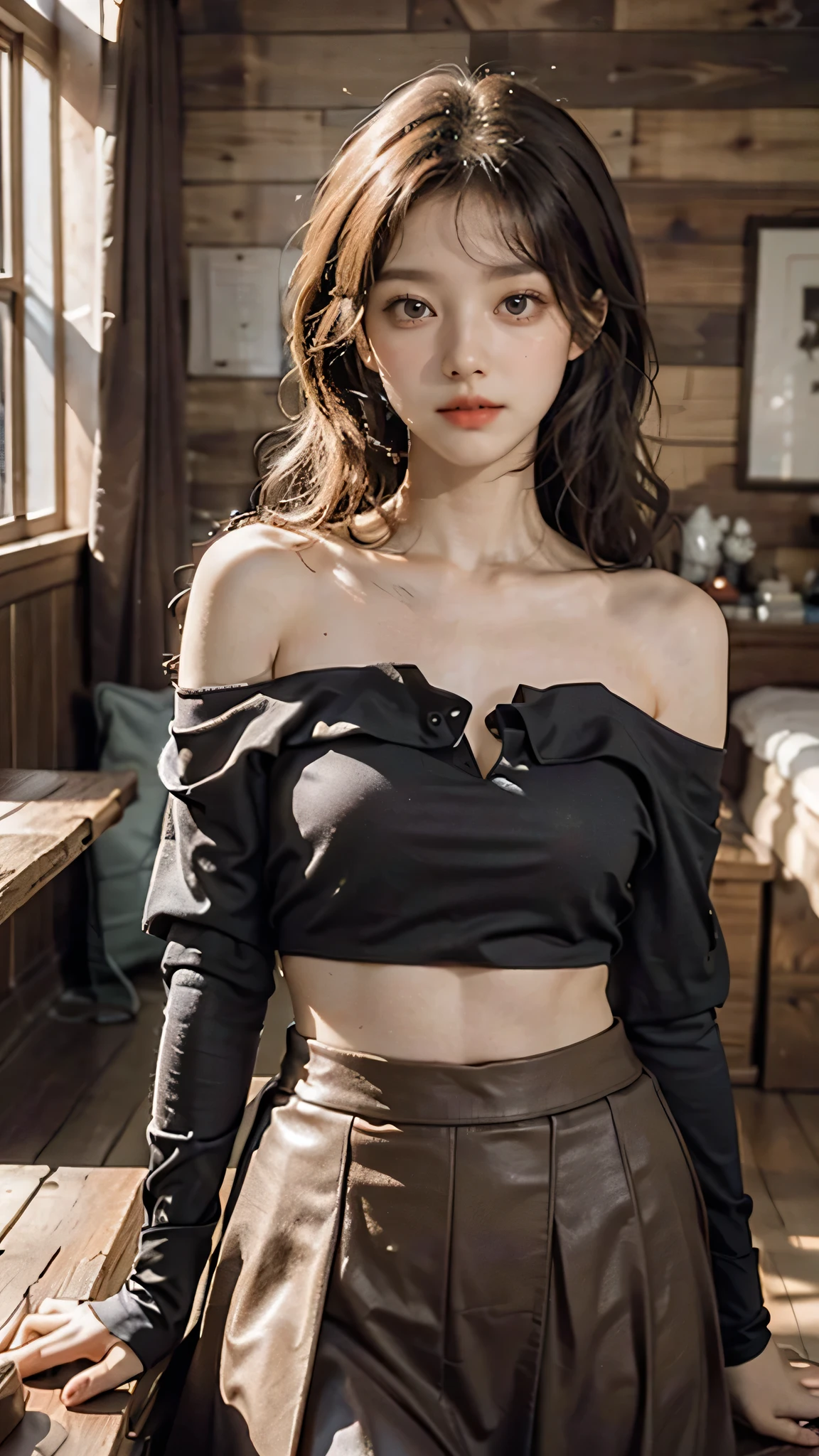 detailed background, masterpiece, best quality, 1 person , curly hair, long hair, purple eyes, star in eye , dark red Strapless blouse, long skirt, cute different poses, indoor wood furniture ,light wood color,, upper body , dark red color 1.0
