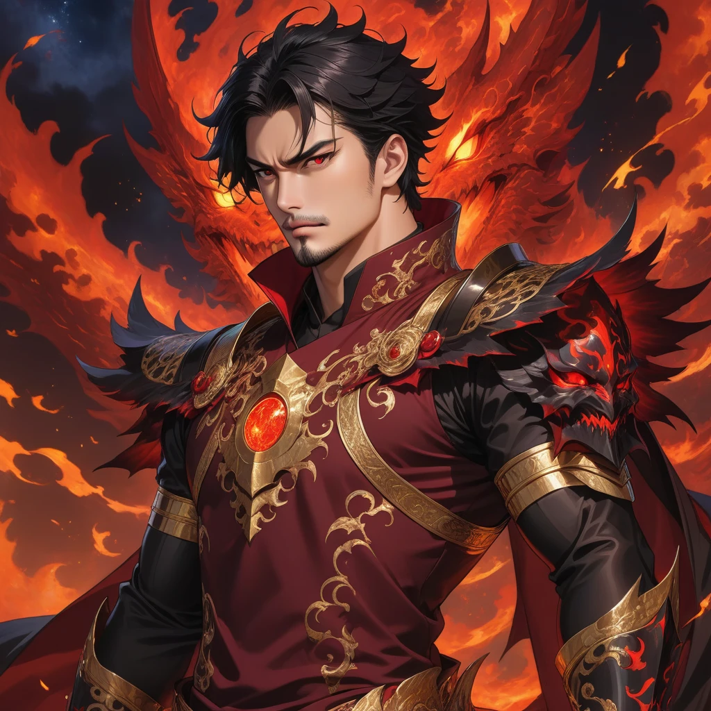 A DILF Archdevil. He have shoulder-length tousled raven black hair, dark red eyes, athletic, Broad-shouldered build, lightly-tanned skin, stubbles on his chin, demonic Black Emperor Armor over burgundy Single-breasted tunic, with gold filigree, and a demonic, dragonic wings, and gold bands over his upper arms, wrists, and calves. He float in the night sky with a cold, calculating face, his form intersected with a menacing red energy, holding a black sword that is lit in black flames., male solo, man, sharp jaw, broad shoulders,