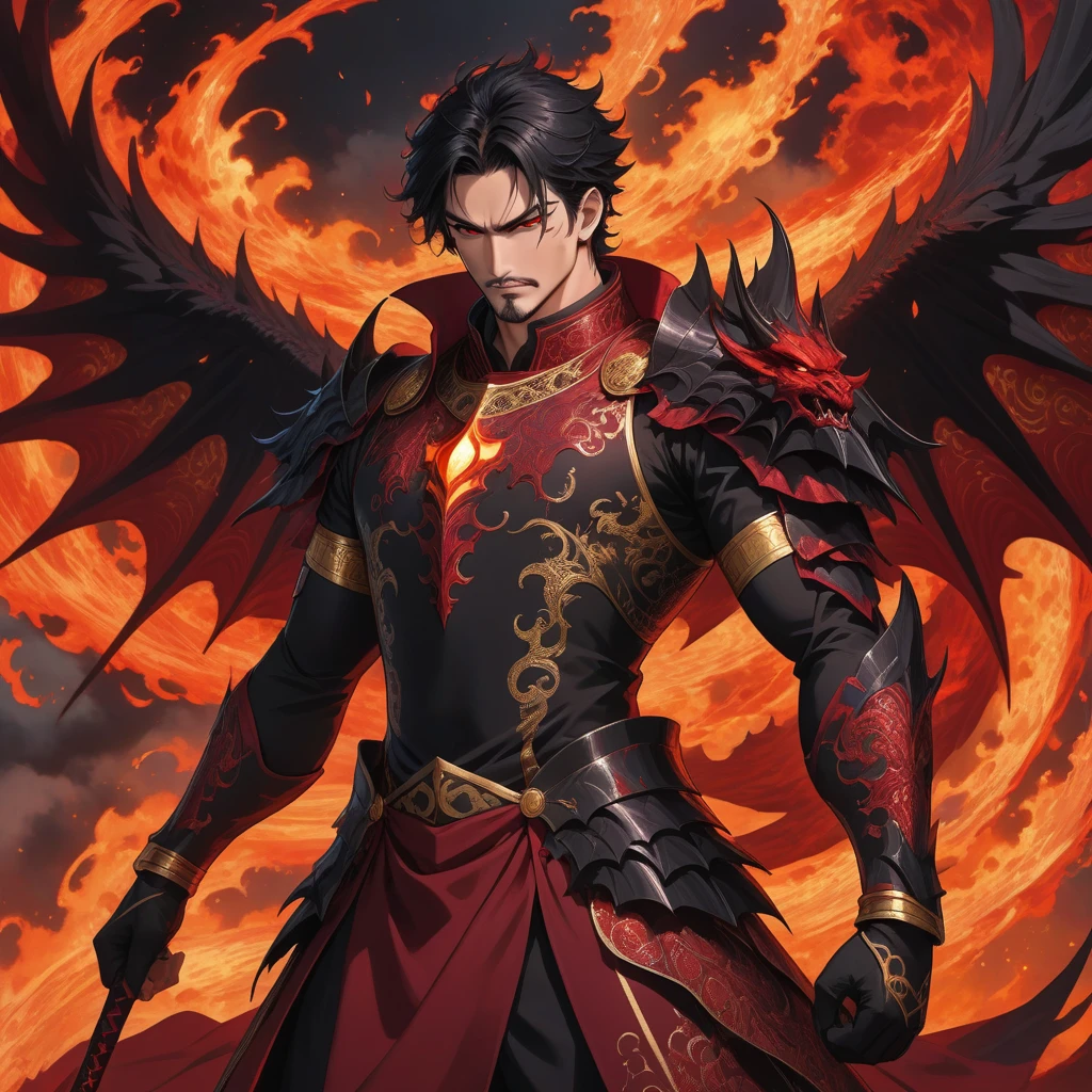 A DILF Archdevil. He have shoulder-length tousled raven black hair, dark red eyes, athletic, Broad-shouldered build, lightly-tanned skin, stubbles on his chin, demonic Black Emperor Armor over burgundy Single-breasted tunic, with gold filigree, and a demonic, dragonic wings, and gold bands over his upper arms, wrists, and calves. He float in the night sky with a cold, calculating face, his form intersected with a menacing red energy, holding a black sword that is lit in black flames., male solo, man, sharp jaw, broad shoulders,