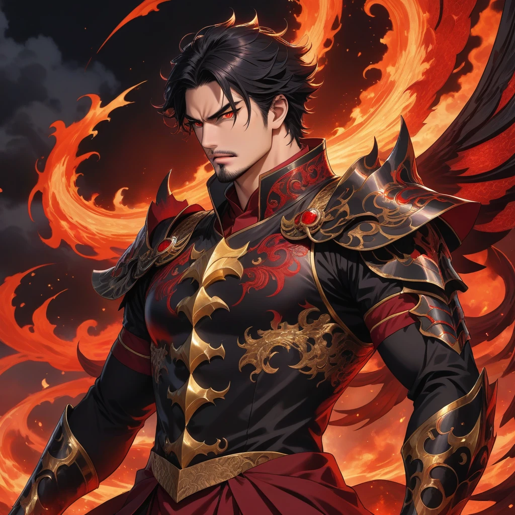 A DILF Archdevil. He have shoulder-length tousled raven black hair, dark red eyes, athletic, Broad-shouldered build, lightly-tanned skin, stubbles on his chin, demonic Black Emperor Armor over burgundy Single-breasted tunic, with gold filigree, and a demonic, dragonic wings, and gold bands over his upper arms, wrists, and calves. He float in the night sky with a cold, calculating face, his form intersected with a menacing red energy, holding a black sword that is lit in black flames., male solo, man, sharp jaw, broad shoulders,