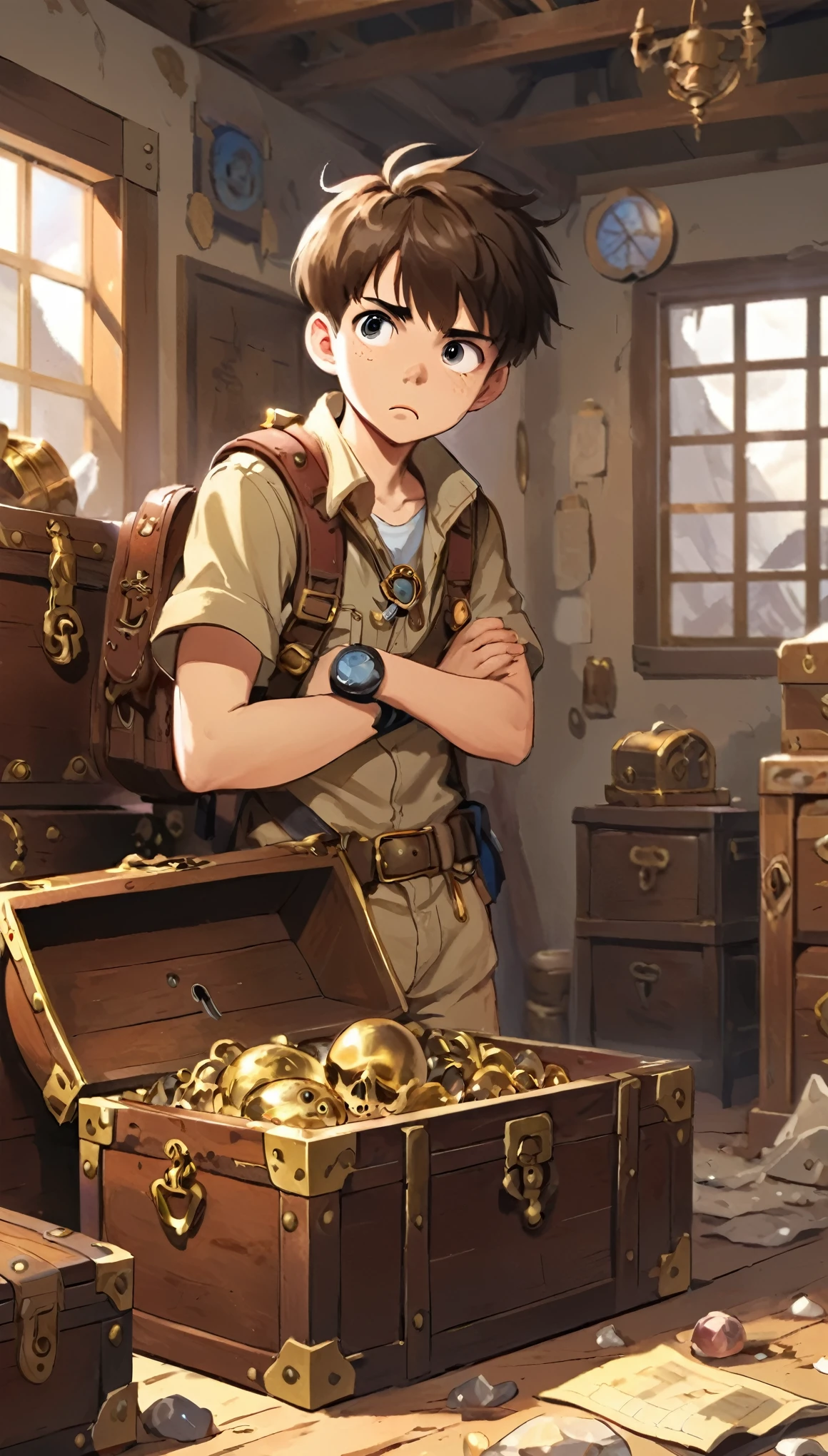 Boy Explorer,Adventurer、Treasure chest in background、Treasure in the background、Thinking pose、Troubled face、indoor、Anime Style