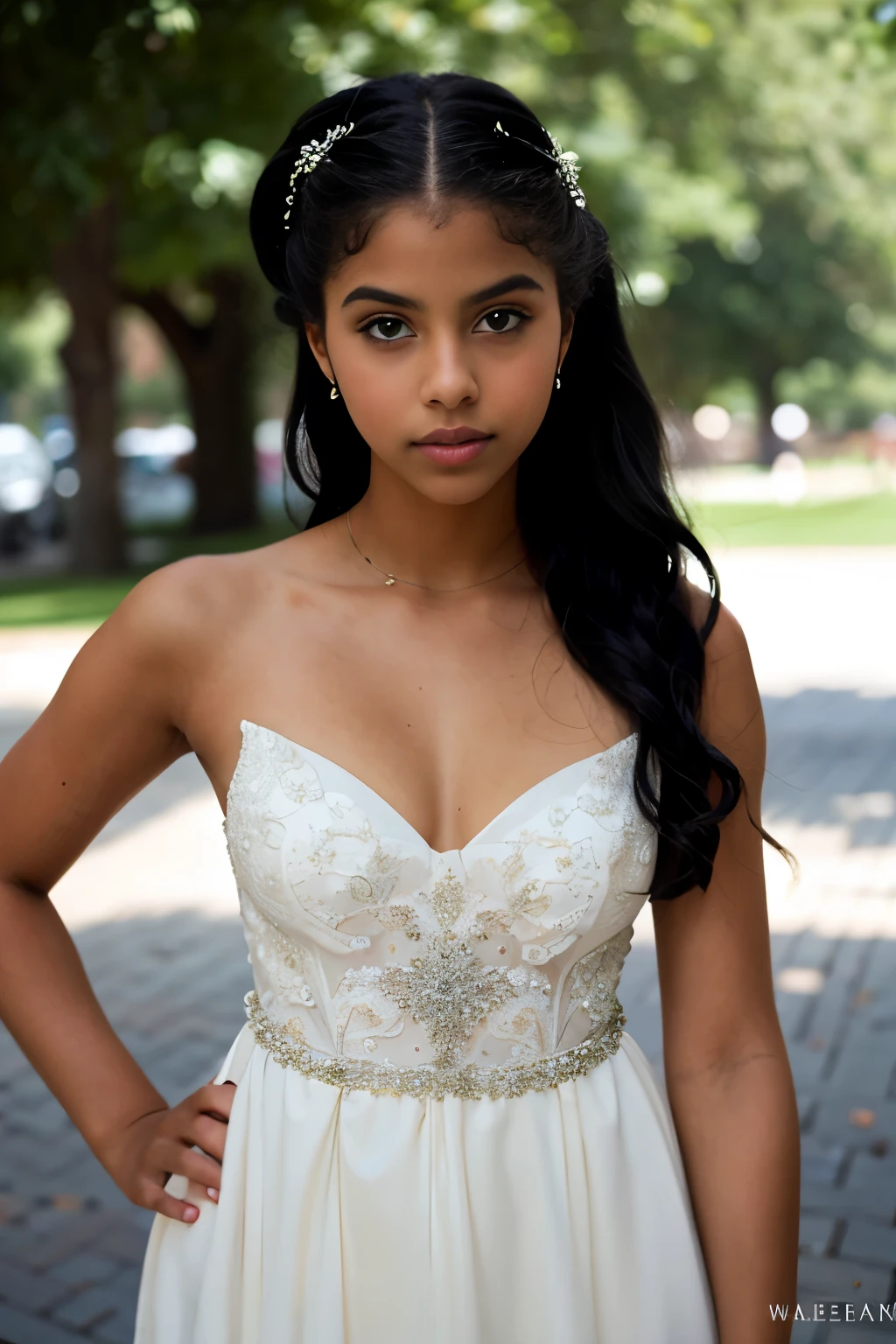 (Cute tween fashion model), 3/4 photo, bust focus, natural light, tomboy, skinny, thin, slim, lean, slender, nubile, posing for picture, long coiled black hair, natural lighting, armpits, thick lips, fat lower lip, young, youthful, , teen, dark skin, tan, slim body, wearing a white mermaid style sequence wedding dress