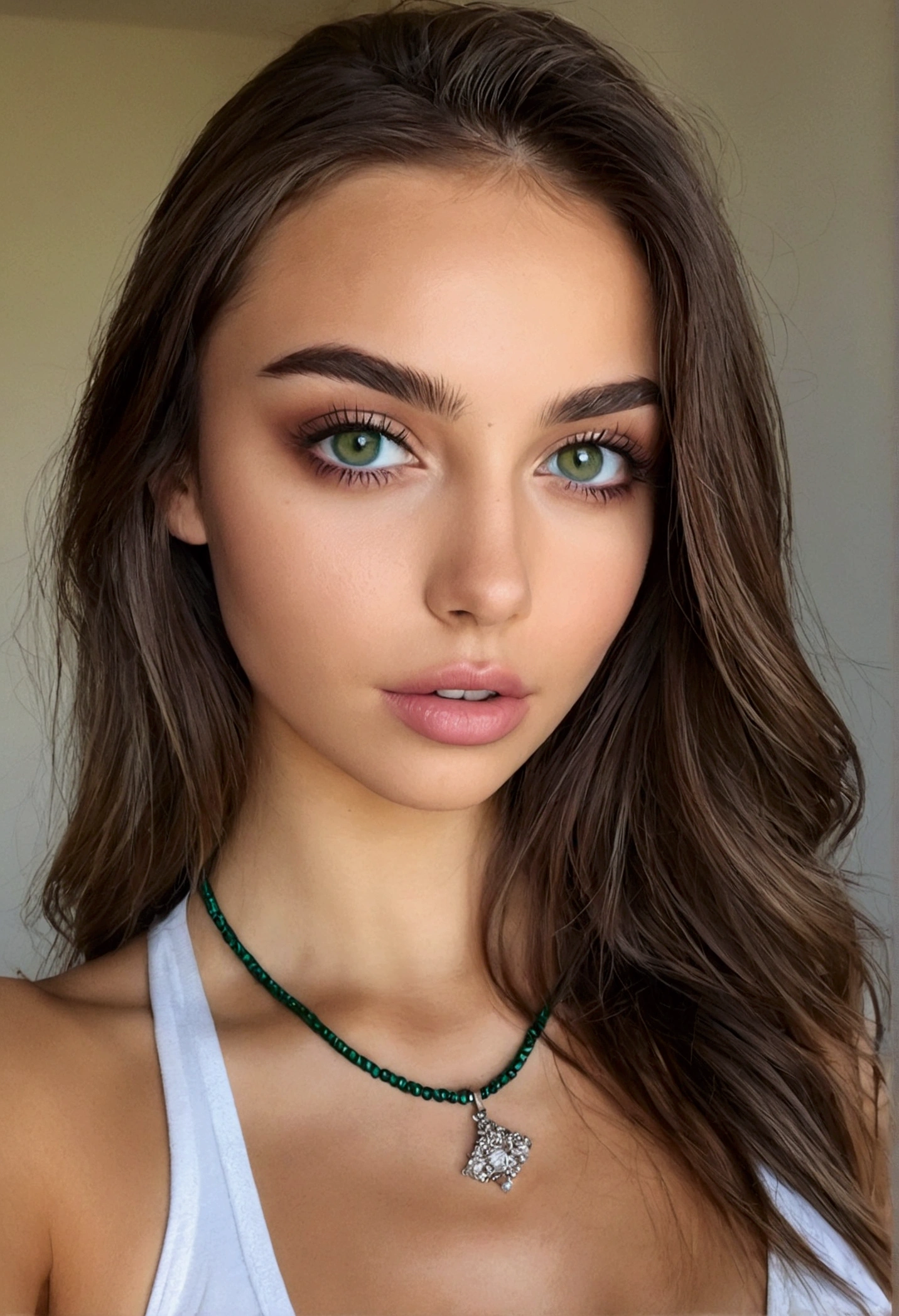 Arafed Femme portant un débardeur blanc et un collier, Fille sexy aux yeux verts, peau bronzée, Portrait Sophie Mudd, cheveux bruns et grands yeux, selfie d'une jeune femme, yeux de la chambre, Violette Myers, sans maquillage, Maquillage naturel, regardant directement la caméra, Cara avec Artgram, maquillage subtil, Impresionante foto de corps entier, yeux verts perçants, bel angle, pose attrayante, Mignon , pose sexy, Image du corps entier, corps entier, séance photo sur tout le corps, déesse brune, Détail élevé, Pose satisfaite, pantalon en cuir