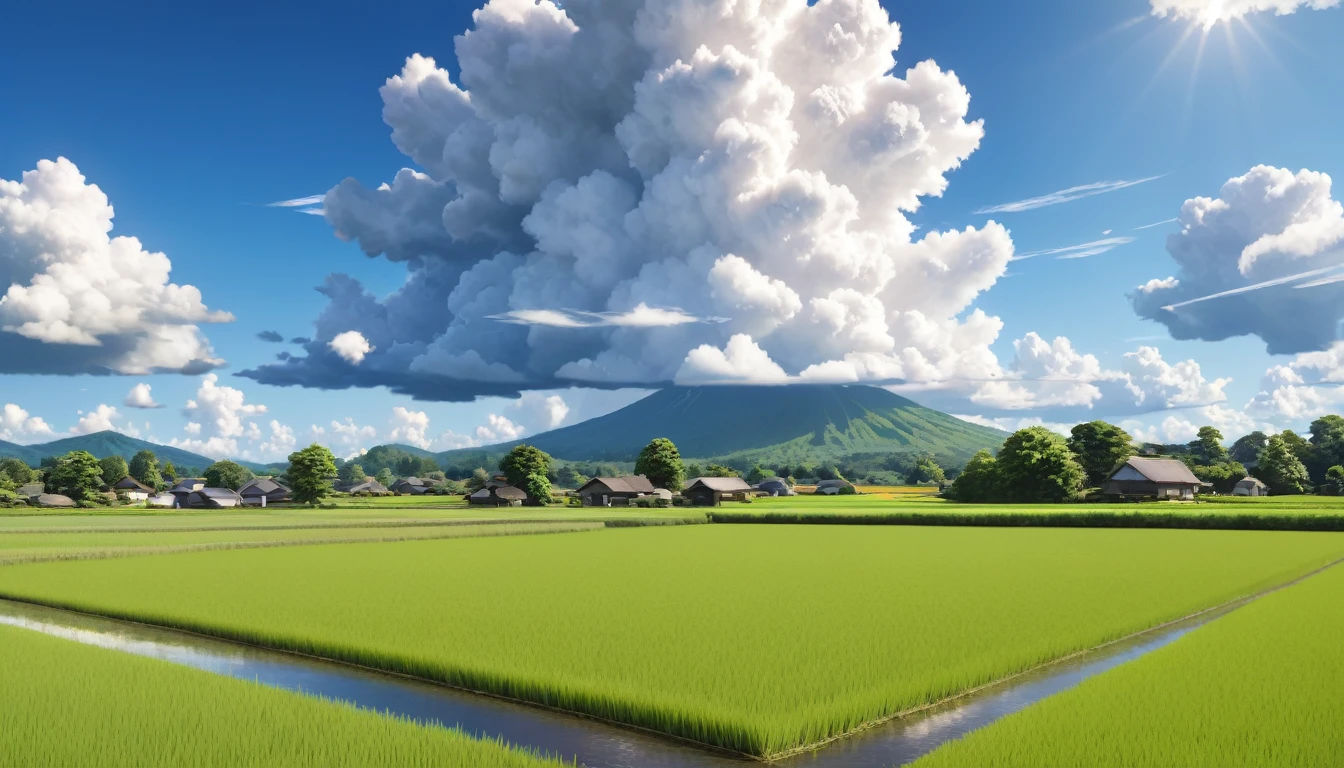 Japanese countryside,Rice Field,Midsummer,cumulonimbus,sunny,Daytime,Highest quality, 8k, High resolution, masterpiece:1.2, Very detailed, Realistic:1.37, High resolution, 超High resolution, Very detailed, Professional, Vibrant colors