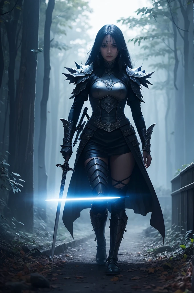 Something that conveys a great air of terror and leaves people with anxiety and in the background a single sword stuck in the ground with blue light