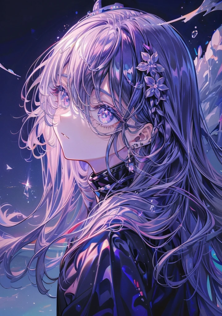 ((masterpiece:1.4,Highest quality)),(Very detailed),(Very fine grain),(Black leggings,Glossy socks:1.5),Hello Darkness
(Cute Girls),15 years old,(Blood-red students,Diamond-shaped pupil:1.15),Purple Eyeshadow,(Long thin hair,Thick Hair,Shiny Hair:1.5)(Changes through:1.2),色white,despair,sorrow,Hollow Eyes,Tears run down my face,Tilt your head to one side,Kneel
(She is wearing blue armor,Blue Dress,:1.5),(Blue gloves:1.4)Very long fluffy sleeves,white,white Cloud,dream bubbles ,Ice and glitter effect
(Black long skirt:1.1),
(dawn:1.2),
(強烈なwhite黒:1.16),(Depth of written boundary:1.4),,Intricate details,(Sky Castle,Standing on the lake,Purple flowers by the lake)