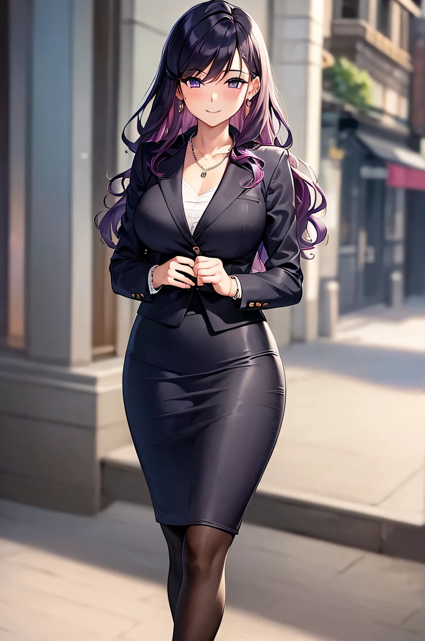((masterpiece, best quality, ultra-detailed)), 1girl, beautiful business woman walking in city back turned, smiling, blush, wearing pink blouse, blazer, bracelet, necklace, black midi pencil skirt, black suit skirt, heels, full body, wavy purple hair, wide hips