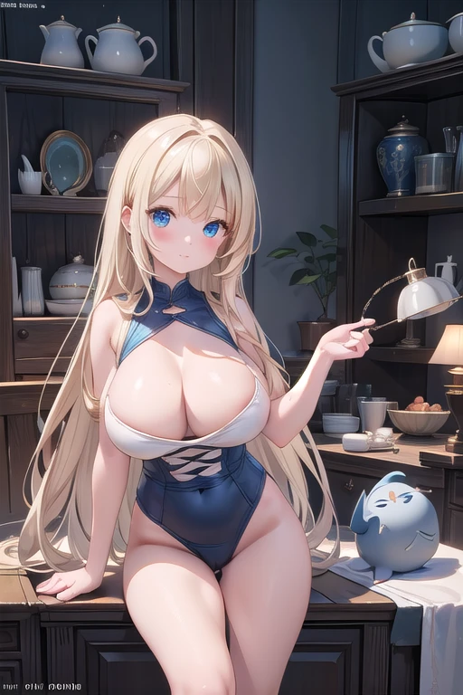 (Extremely detailed CG unity 8k wallpaper,masterpiece, Best Quality, ultra detailed),(better lighting, best shadow, an extremely delicate and beautiful),floating,high saturation,by rubio+blue eyes:1.2,gloomy gothic landscape, by the wide, look into the distance. (A beautiful girl with long blonde hair and bright blue eyes in gothic lighting.) Put all surrounding cabinets with fixtures., clay pots, ceramic bowls, driftwood, A deep sea diver holding the artifacts upstream., cute digital paintings, cartoon characters, cute 3D renderings, clay characters, clay animations, cute detailed digital art, 3D characters 8K, Best Quality, (photorealistic:1.4), raw photo, (curved body), (curved thighs), (huge , perky breasts