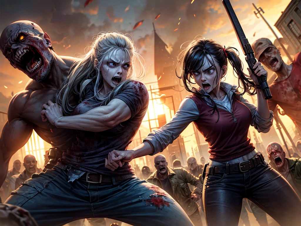 A brave couple fighting off zombies, surrounded by the undead, showcasing courage and determination."