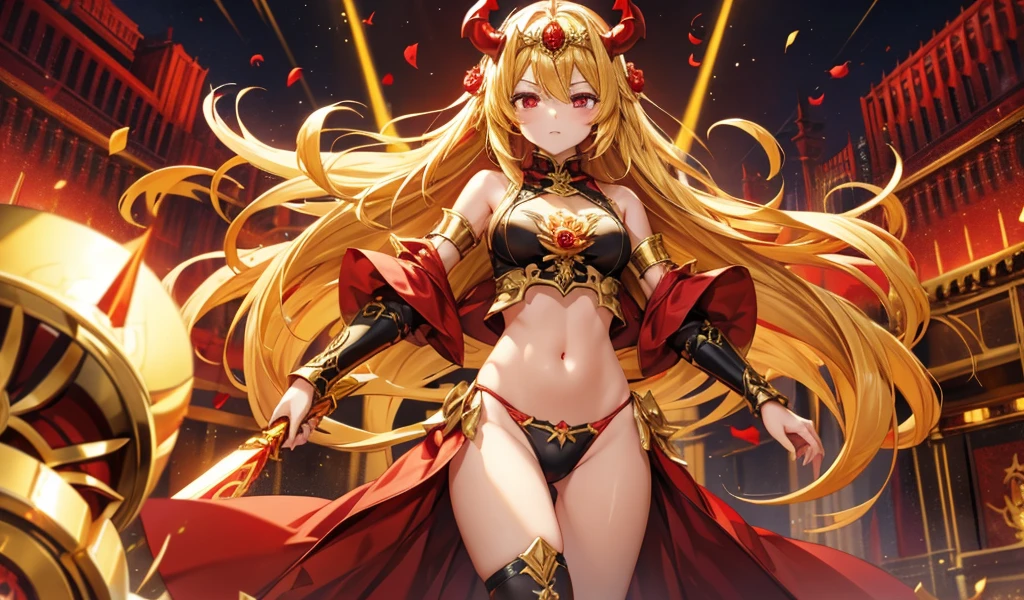 Blonde flat-chested girl,Demon King,gold gemstone crown,Red手爪,Red龍尾,Red,thong,Red rose