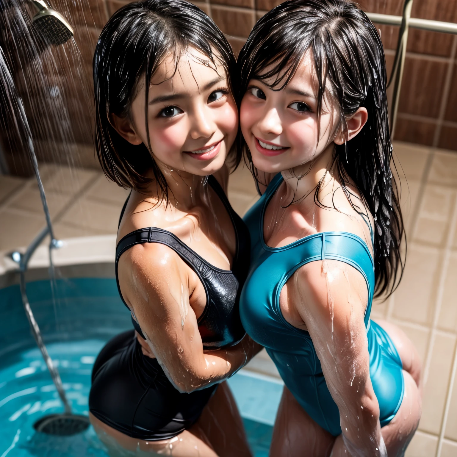 NSFW, (Snapshot of 3girls having fun in open shower room by the pool, kissing face to face), {Braid hair|With bangs}, (School Swimwear), the body is covered with juice, White LiquidSoap, Sweating, be sweaty, Wet pearl skin, ((Wet swimsuit)), Perfect Lighting, Clear Focus, (bokeH:1.4), Roundly butts, { (Shower Water:1.6) | (Gigantic  Overflowing sideboob) | Butt cruck | (from above:1.4) }, hidden hands BREAK (NOGIZAKA girls)  ((Extremely Detailed very KAWAII face variations)), perfect anatomy, Childish, captivating gaze, elaborate detailed Eyes with (sparkling highlights:1.2), long eyelashes、Glossy RED Lips with beautiful details, Coquettish tongue, Rosy cheeks . { (Dynamic joyful expressions) | (:d) }, (no large eyes) . (close-up:1.28), Assfocus (Full of Water, Everything Wetted:1.6)