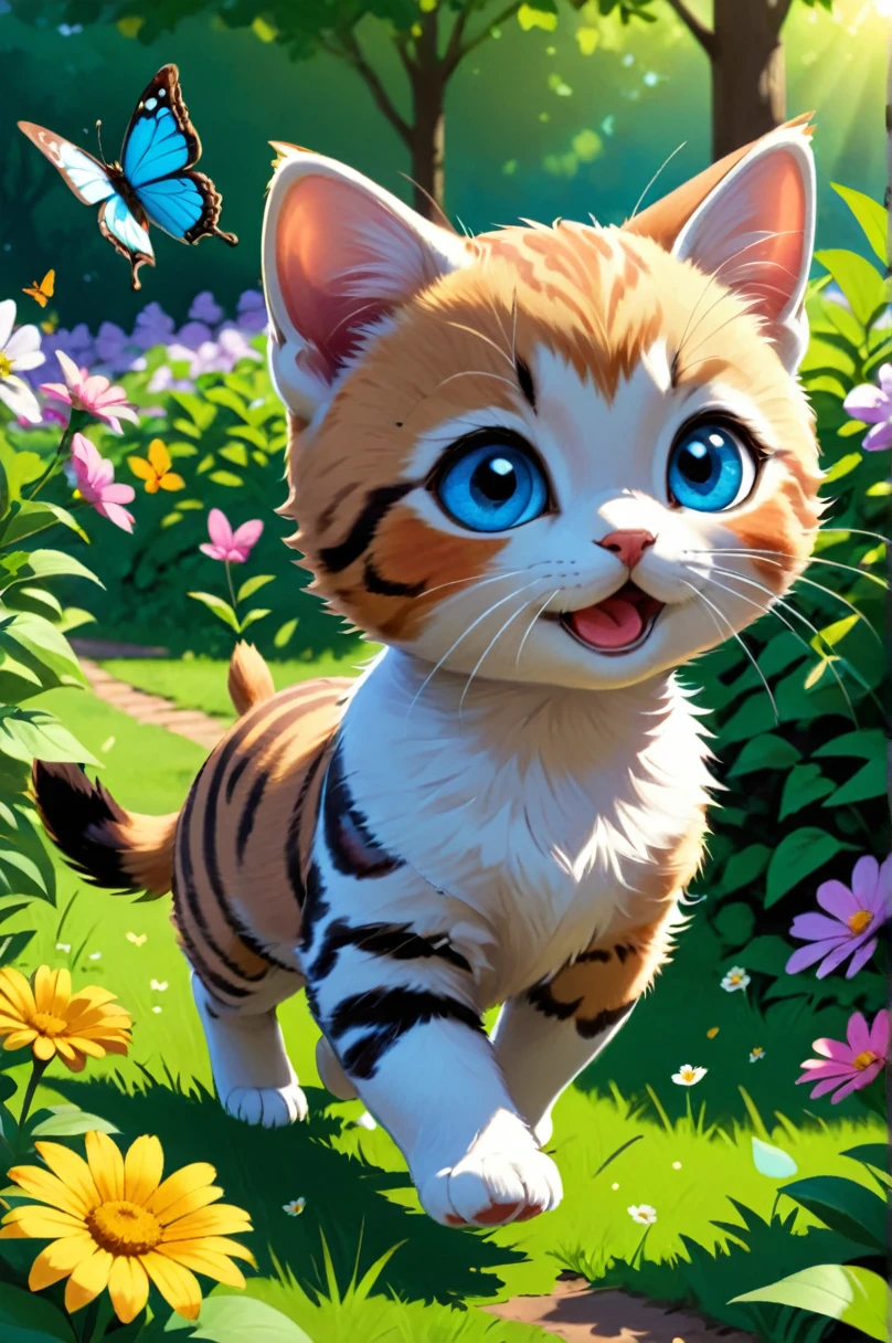 Tiny, climbs a tree while continuing to chase the butterfly. While walking through the tree, he sees a bird's nest and stops.. Looks into the nest with curiosity, little baby birds are chirping.